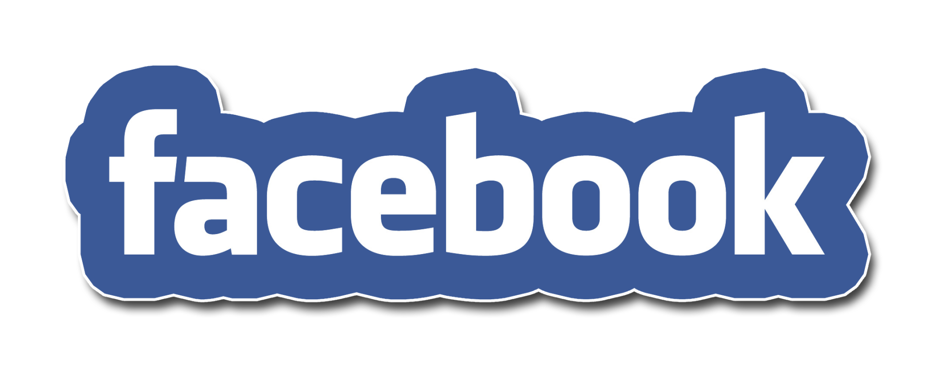 Facebook logo in white text on a blue rounded rectangle.