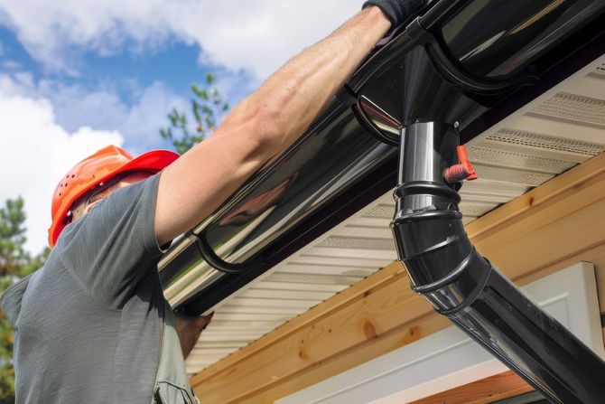 Person in hardhat installing black gutter on a house, with blue sky visible.