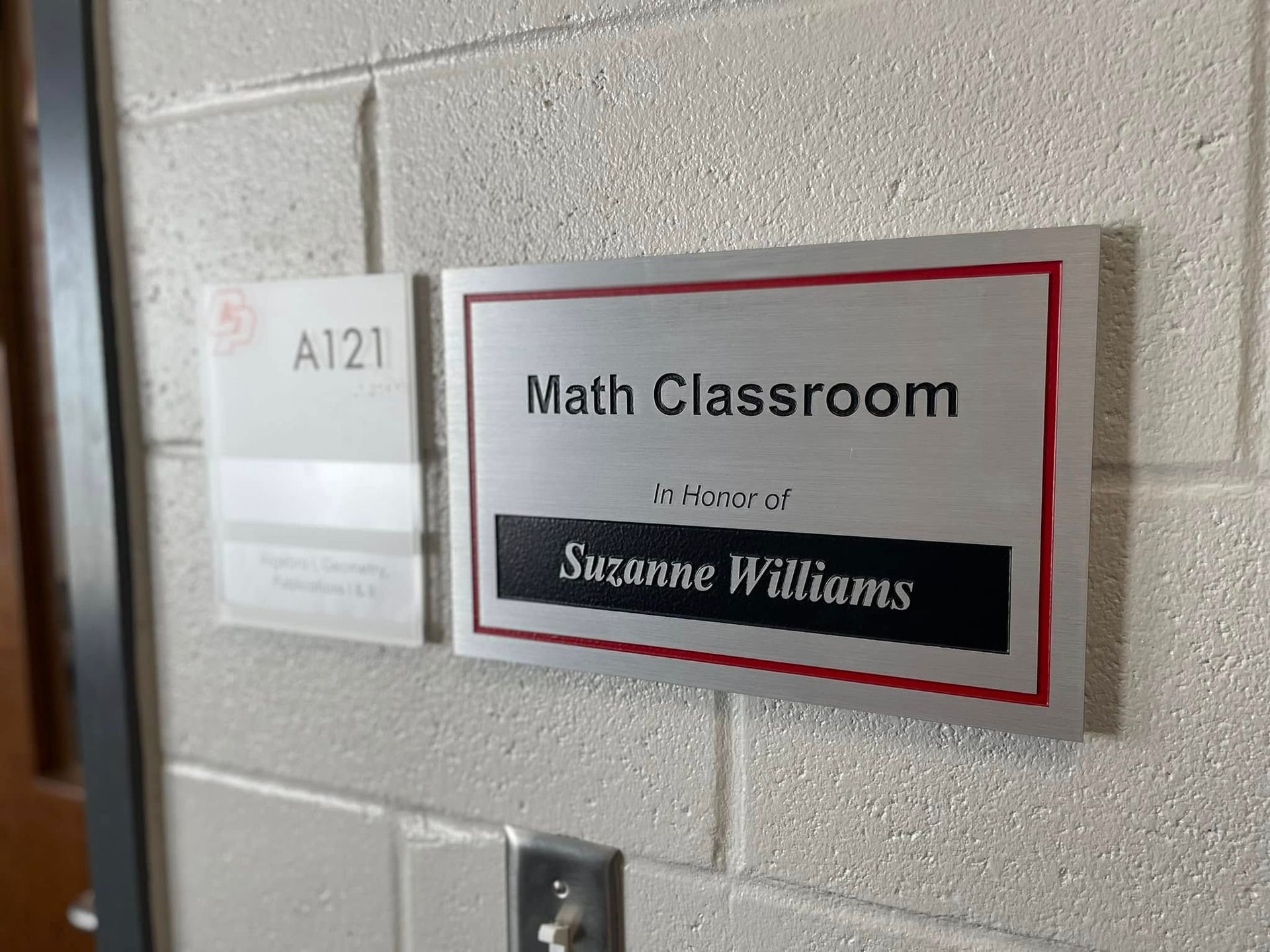 Room sign for Math Classroom; A121. 