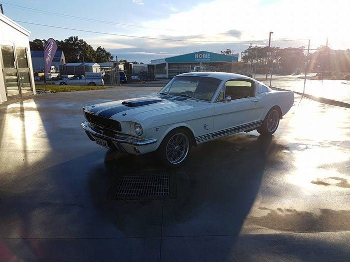 View of American muscle car after repair