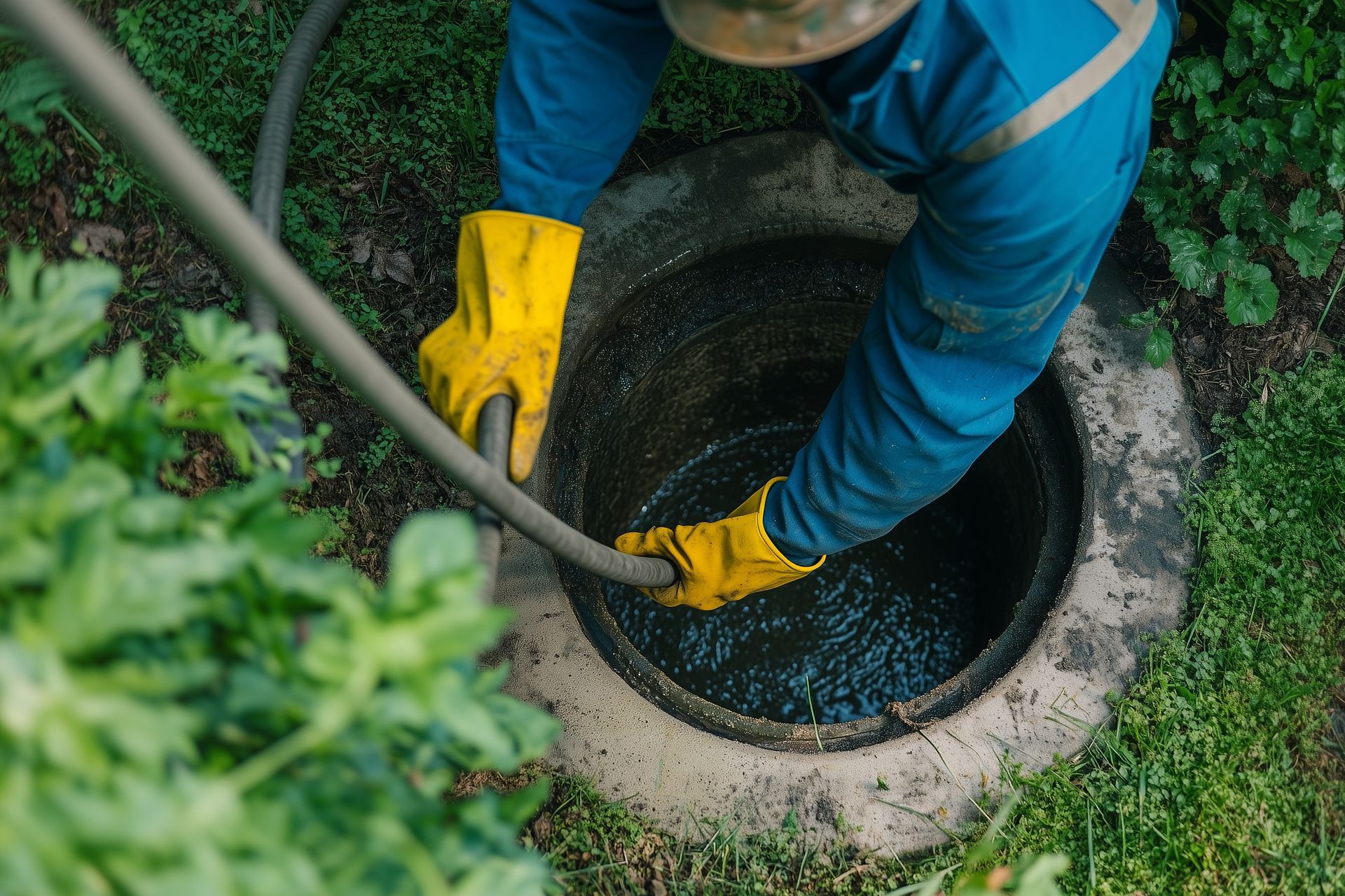 A technician in yellow rubber gloves inserts pump hose into open septic tank filled with dark water. A technician in yellow rubber gloves inserts pump hose into open septic tank filled with dark water.
