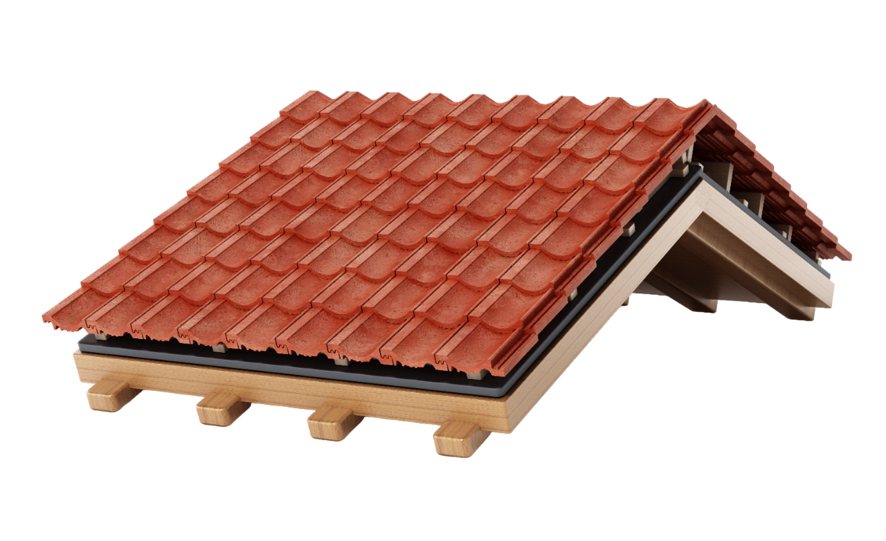 A model of a roof with red tiles and wood