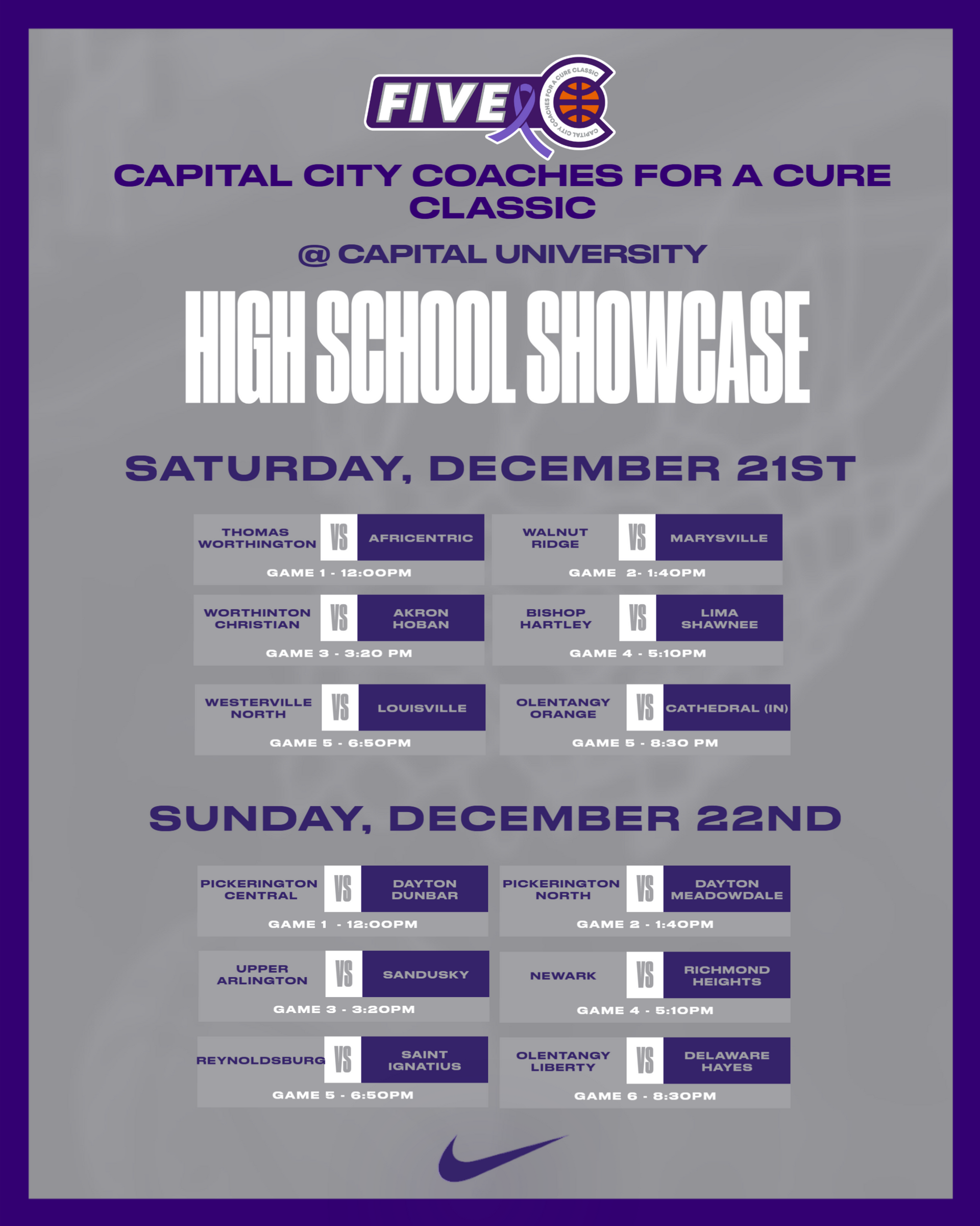 A poster for the capital city coaches for a cure classic high school showcase