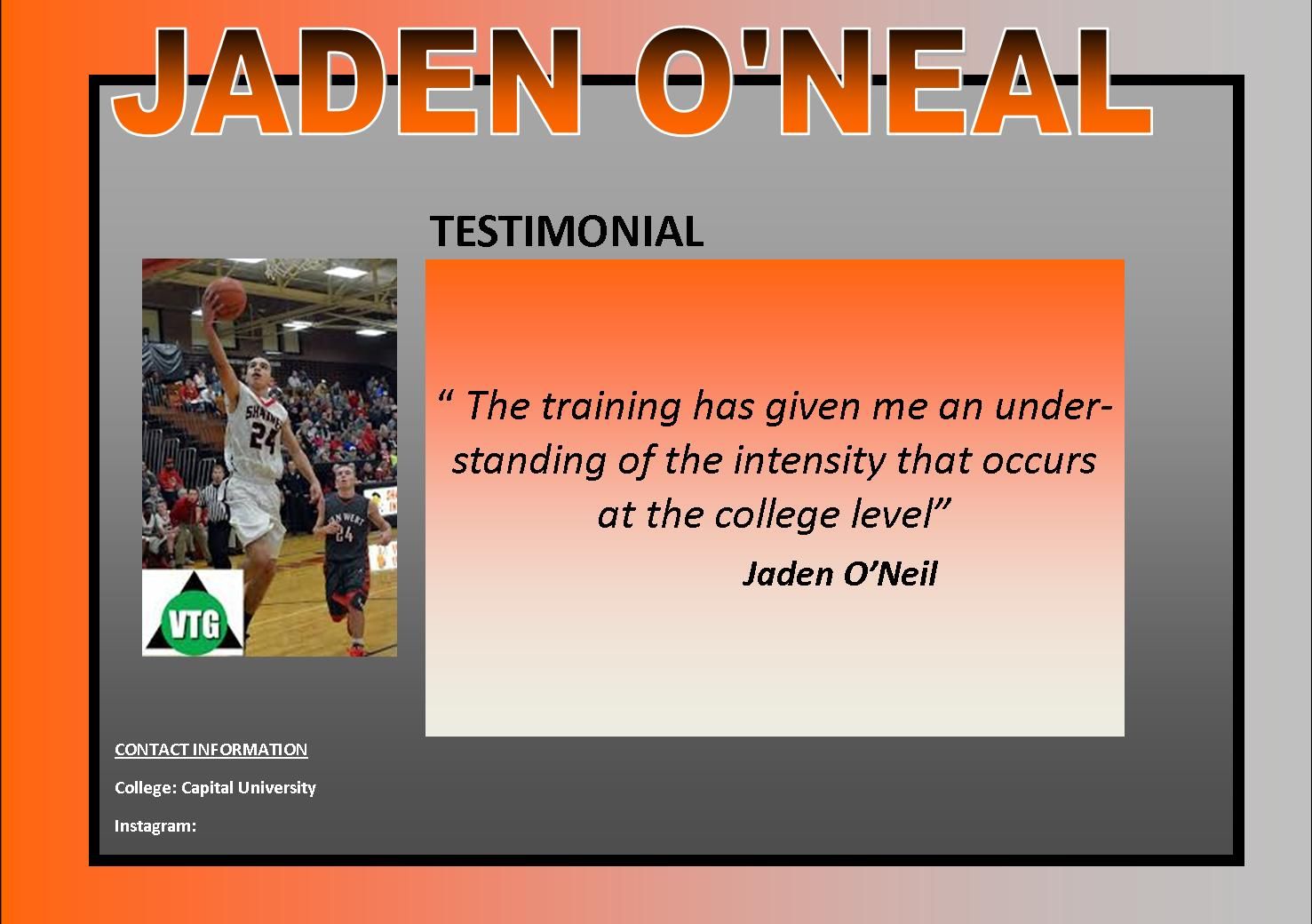 A jaden o neal testimonial with a picture of a basketball player