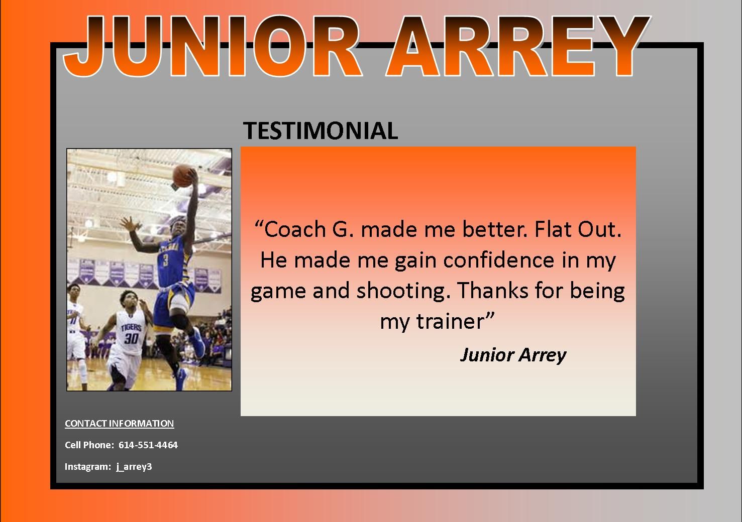A junior arrey testimonial with a picture of a basketball player