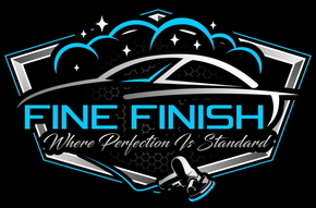 Logo for Fine Finish auto detailing with car silhouette, buffer, and tagline.