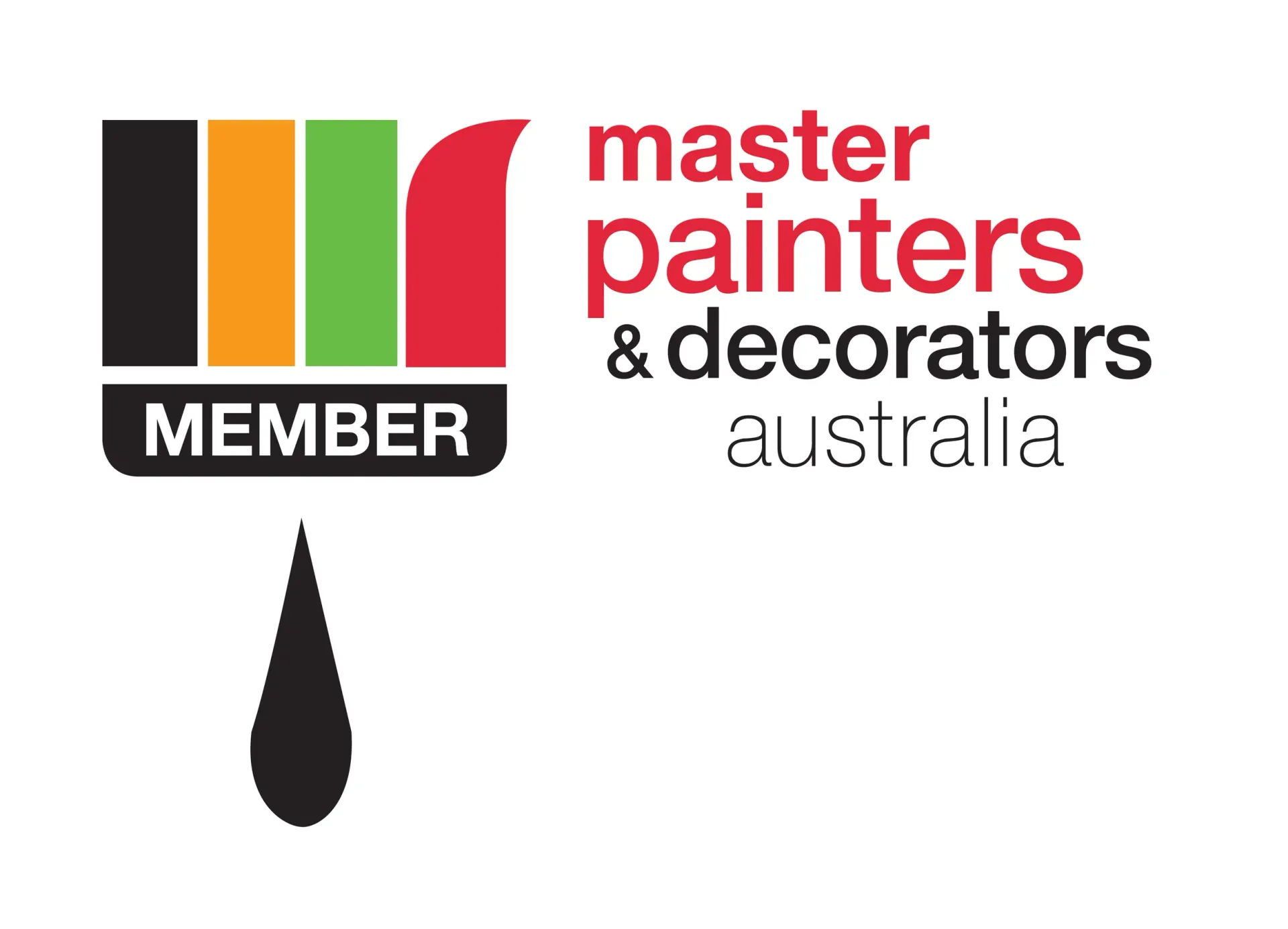 Logo for Master Painters & Decorators Australia: colorful paintbrush with a black paint drip.