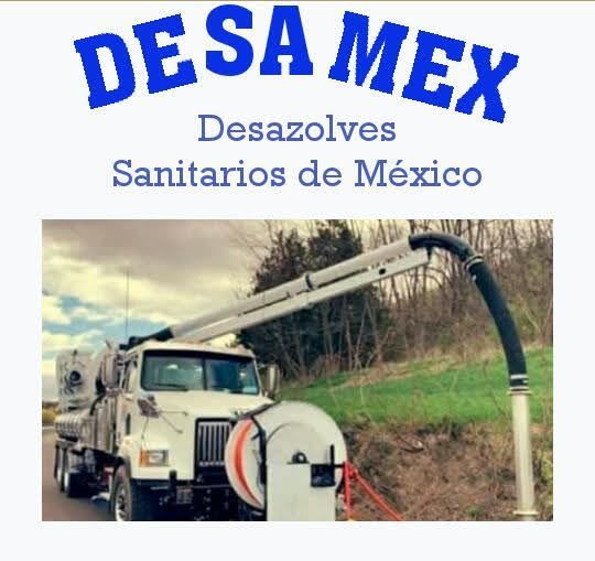 Logotipo de DESA MEX, un servicio mexicano de limpieza sanitaria. Un camión blanco con una manguera larga, listo para limpiar.