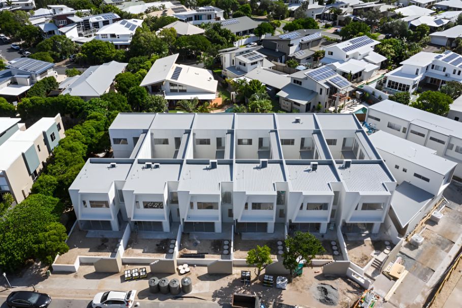An Aerial View of a Row of Houses in a Residential Area — Northern Rivers Metal Roofing PTY LTD In Kingscliff , NSW