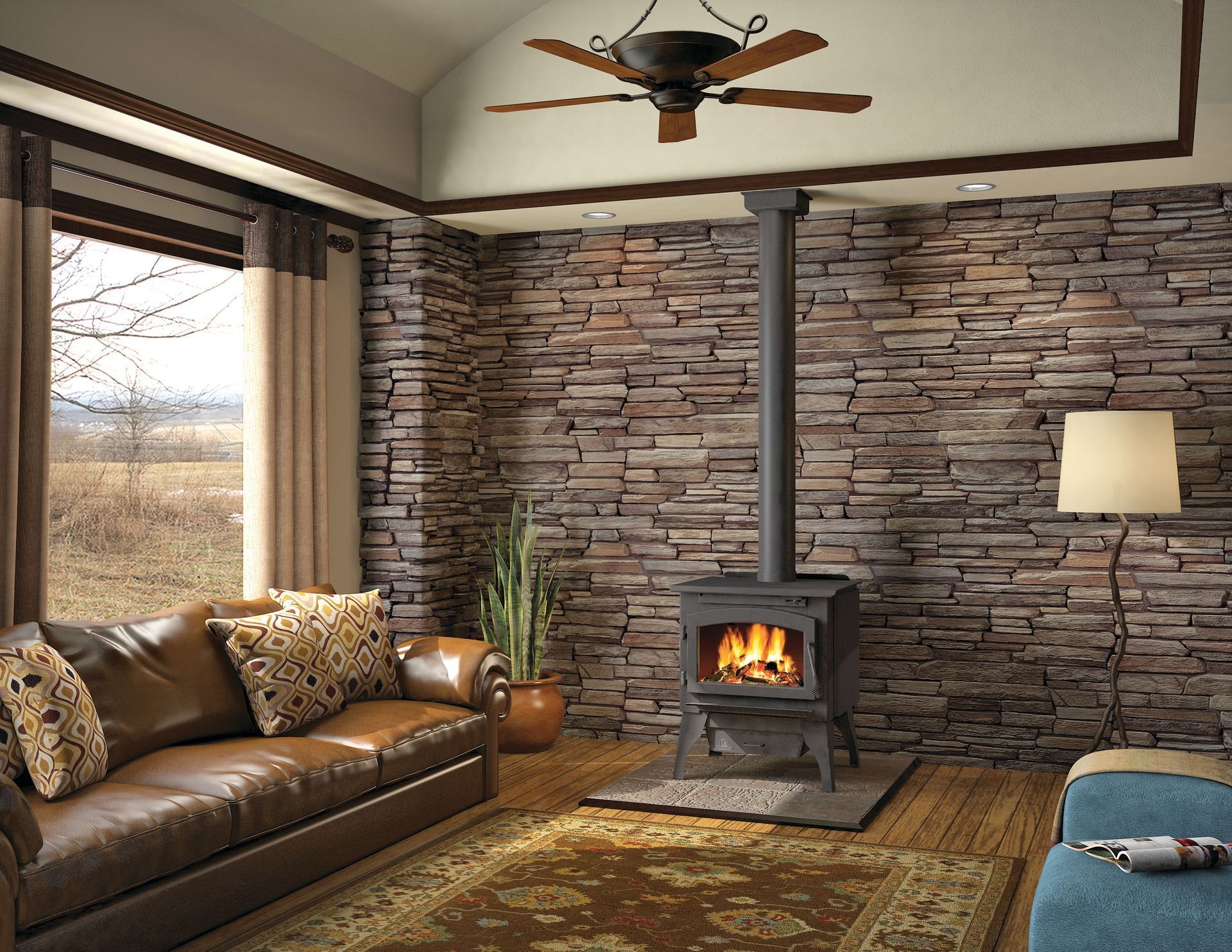 A living room with a wood stove and a ceiling fan