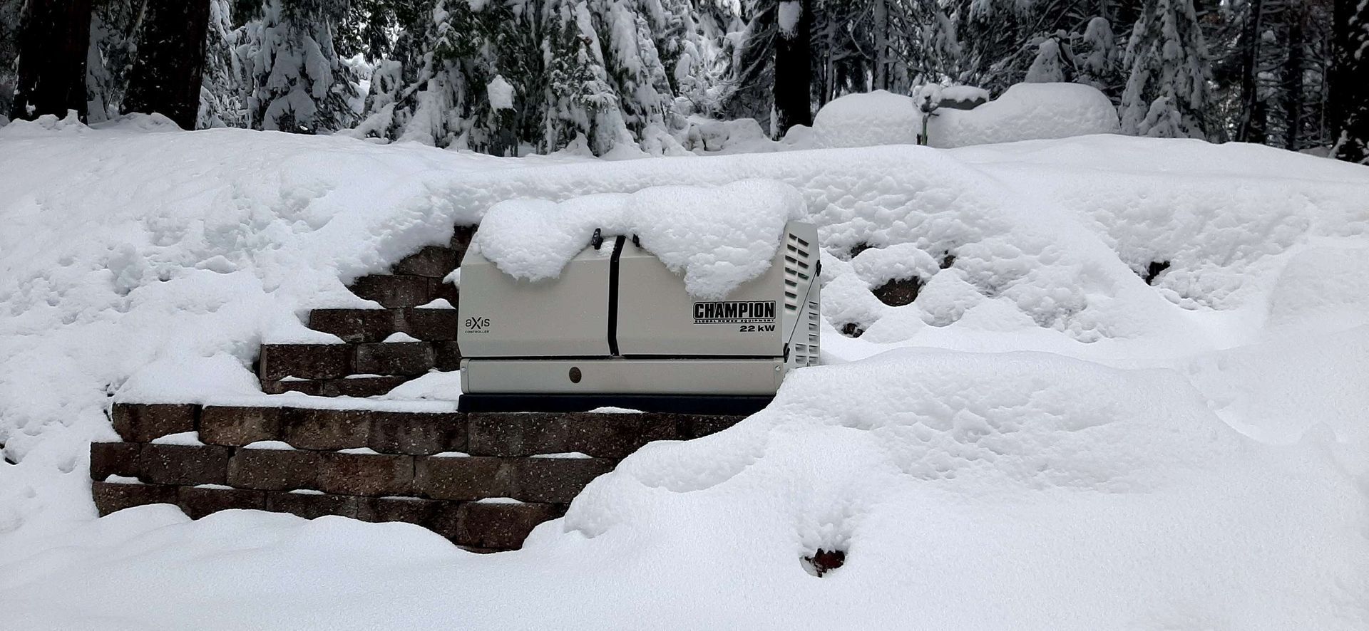 A generator covered in snow, resting on a brick retaining wall, forest backdrop.