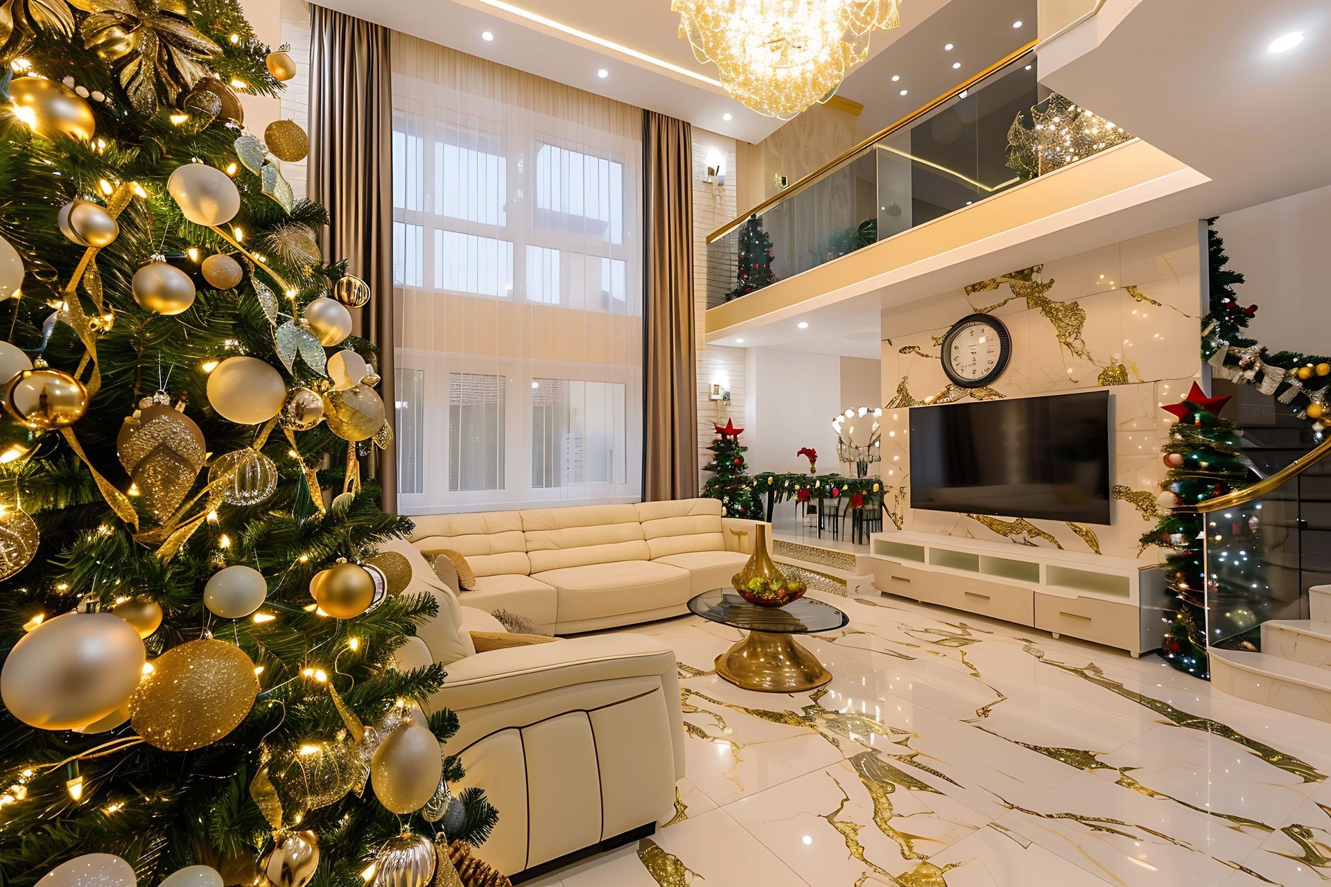 Luxurious living room decorated for Christmas with a large tree, marble floors, and a balcony.
