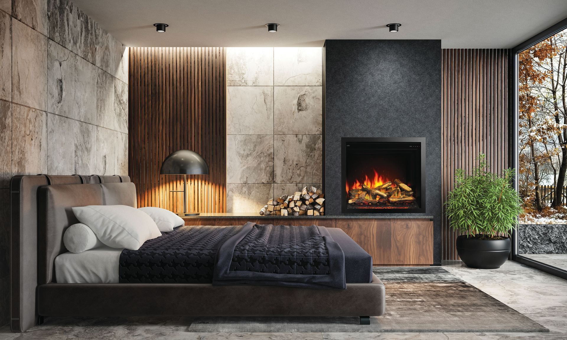 A bedroom with a fireplace and a bed.