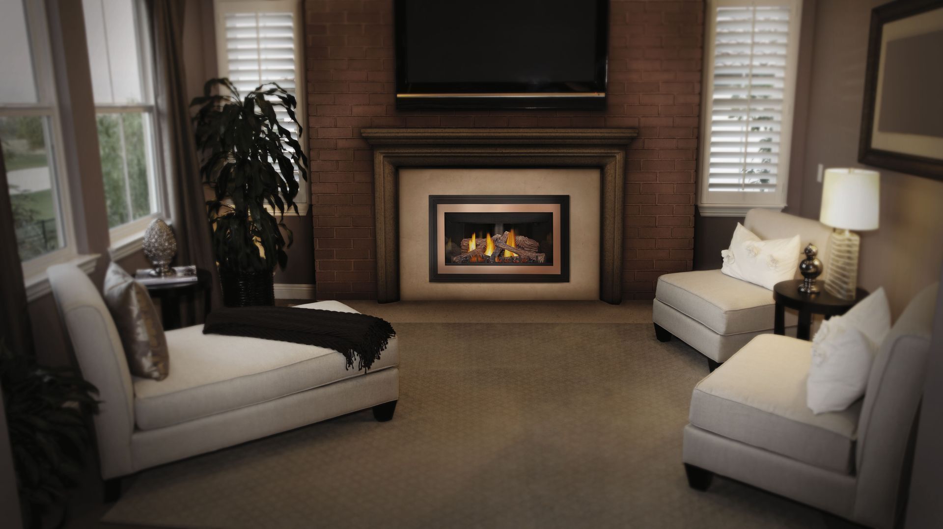 Living room with fireplace, two armchairs, and a large TV above the fireplace.