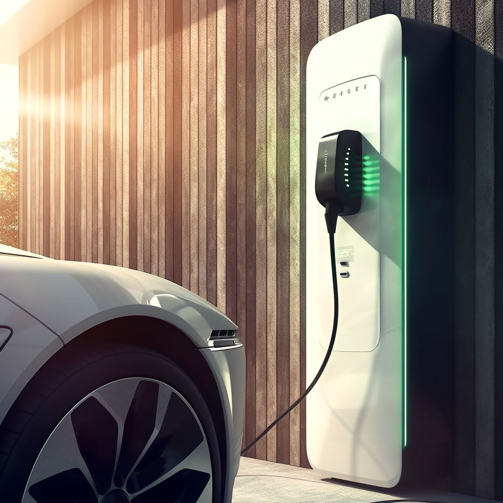 a white electric car is being charged at a charging station .