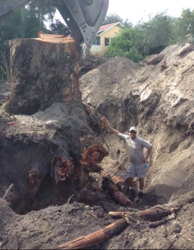 Man next to large tree stump being excavated by heavy machinery. Dirt and sand surround the site.