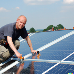 Man on a roof installing solar panels