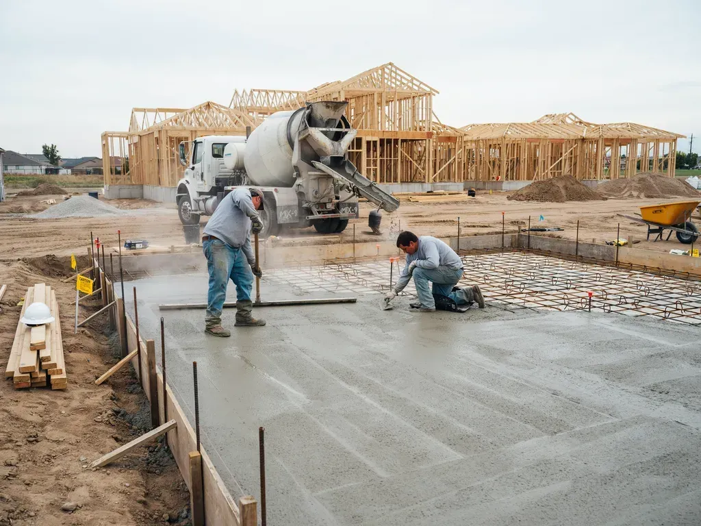 Construction workers pouring concrete on a foundation at a house frame site.