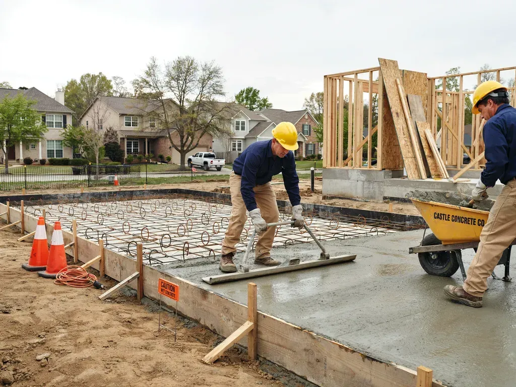 Construction workers smoothing wet concrete on a residential foundation site with lumber framing nearby