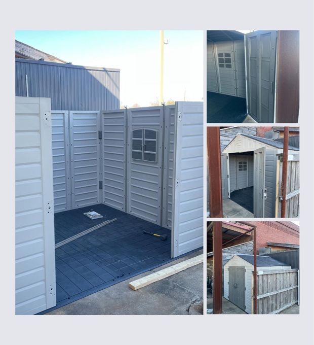 Gray plastic shed being assembled outdoors, with several views showing construction progress.
