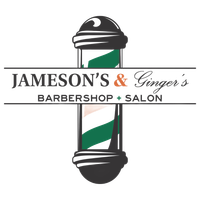 Barber shop pole with "Jameson's & Ginger's Barbershop + Salon" text. Green, white, and dark stripes.