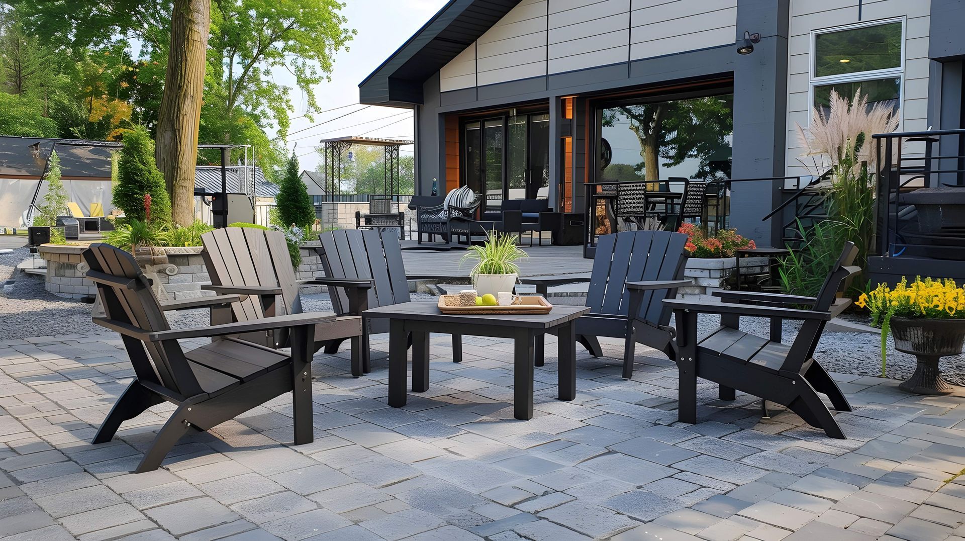 Patio furniture set on a stone patio outside a building with glass doors, overlooking a green space.