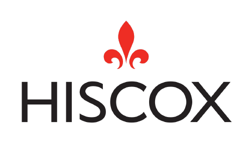 A logo for hiscox with a red fleur de lis on a white background.