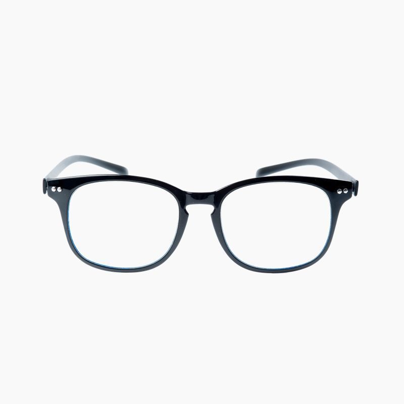 A pair of black reading glasses on a white background