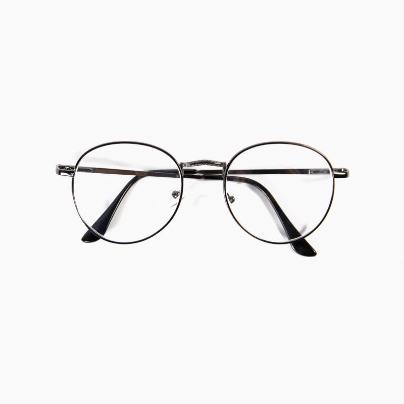 A pair of round glasses with clear lenses on a white background.