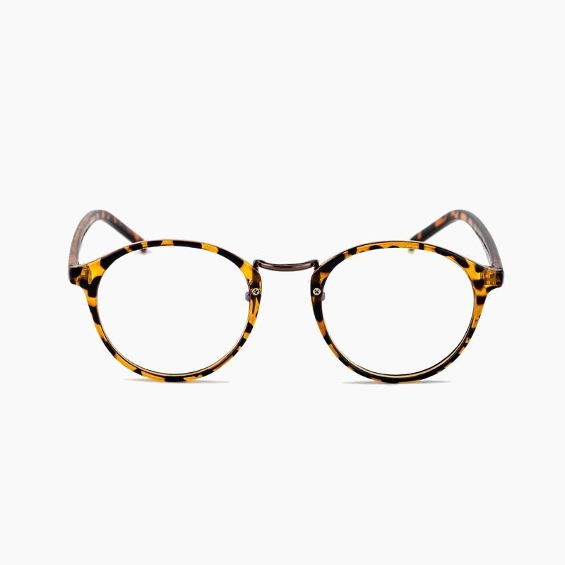 A pair of glasses with a leopard print frame on a white background.