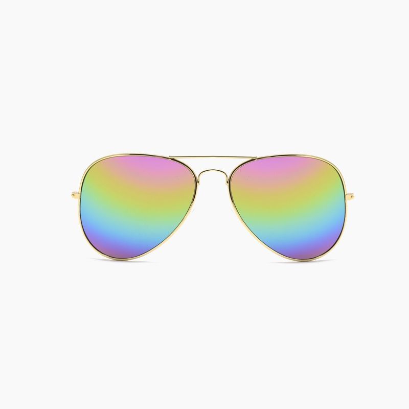 A pair of sunglasses with a rainbow lens on a white background.