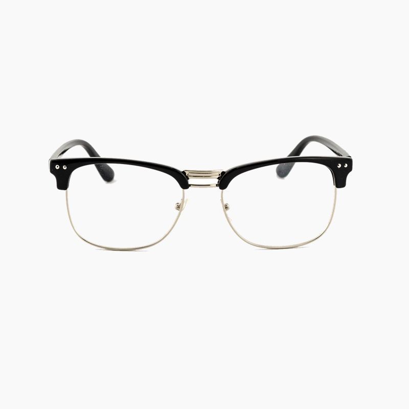 A pair of black and gold glasses on a white background.