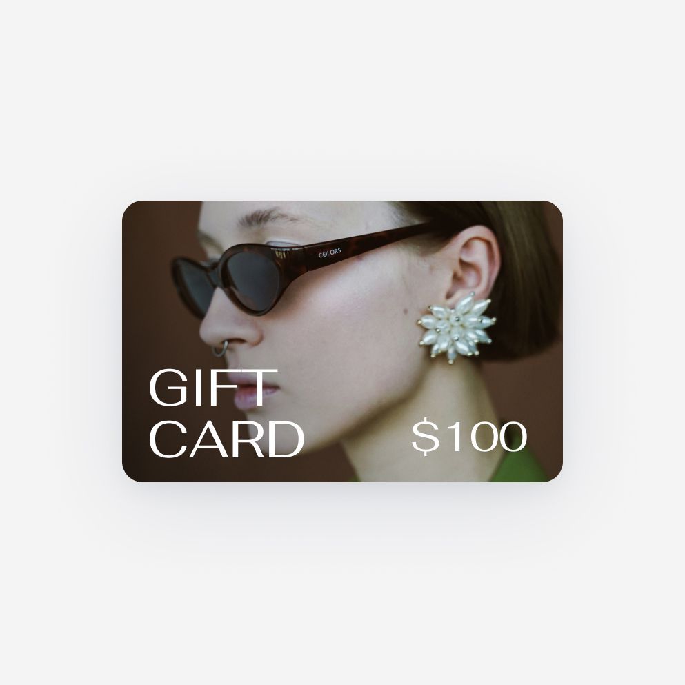 A gift card with a picture of a woman wearing sunglasses and earrings.