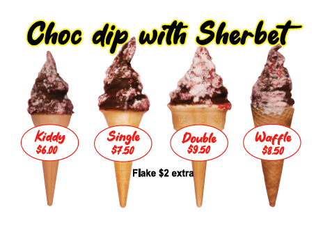 Vanilla choc top soft serve ice cream with sherbert cairns