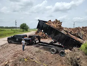 A dump truck is sitting on top of a pile of wood.