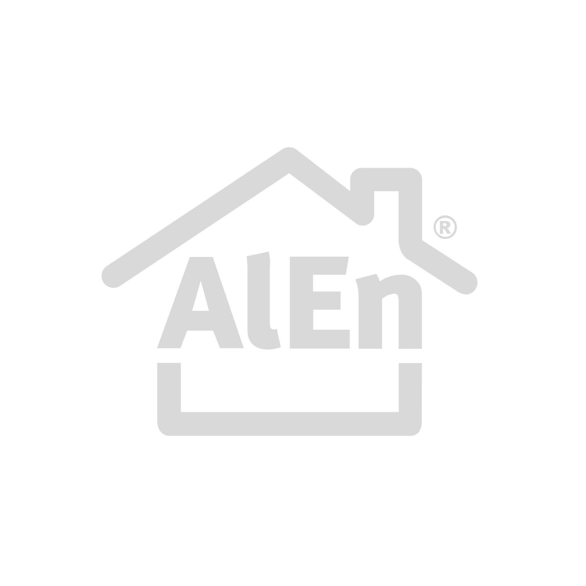 Un icono gris de una casa con la palabra allen en él.