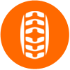 A white icon in an orange circle on a white background.