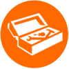 An icon of a toolbox with tools inside of it in an orange circle.