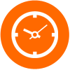 A clock icon in an orange circle on a white background.