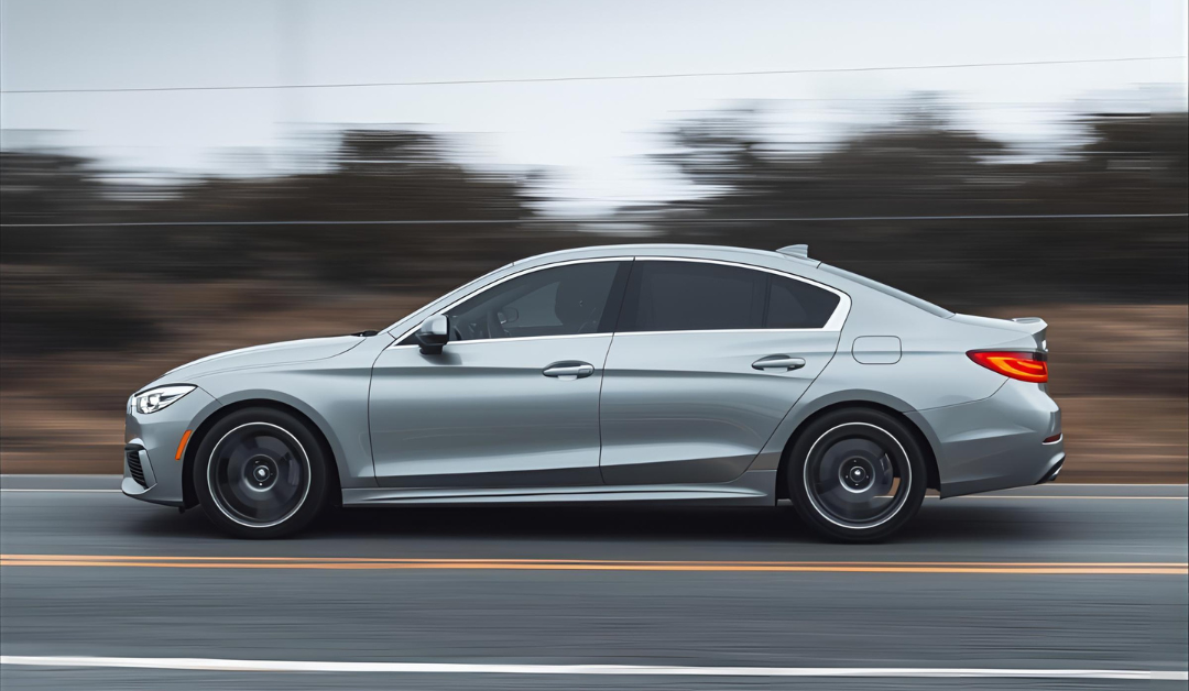 Silver sedan car speeding on a highway with motion blur.