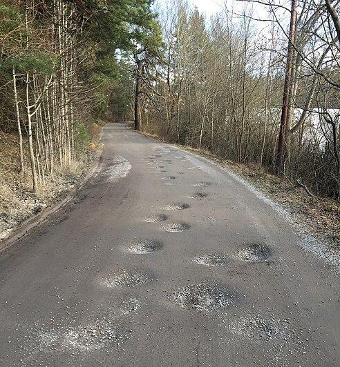 A narrow asphalt path through a forest, featuring several scattered, rough circular patches of repair or damage.