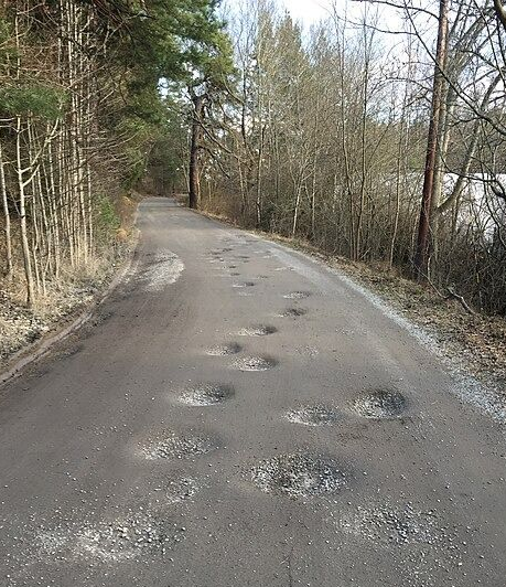 A narrow asphalt path through a forest, featuring several scattered, rough circular patches of repair or damage.
