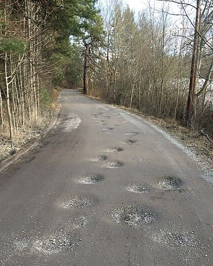 A narrow asphalt path through a forest, featuring several scattered, rough circular patches of repair or damage.