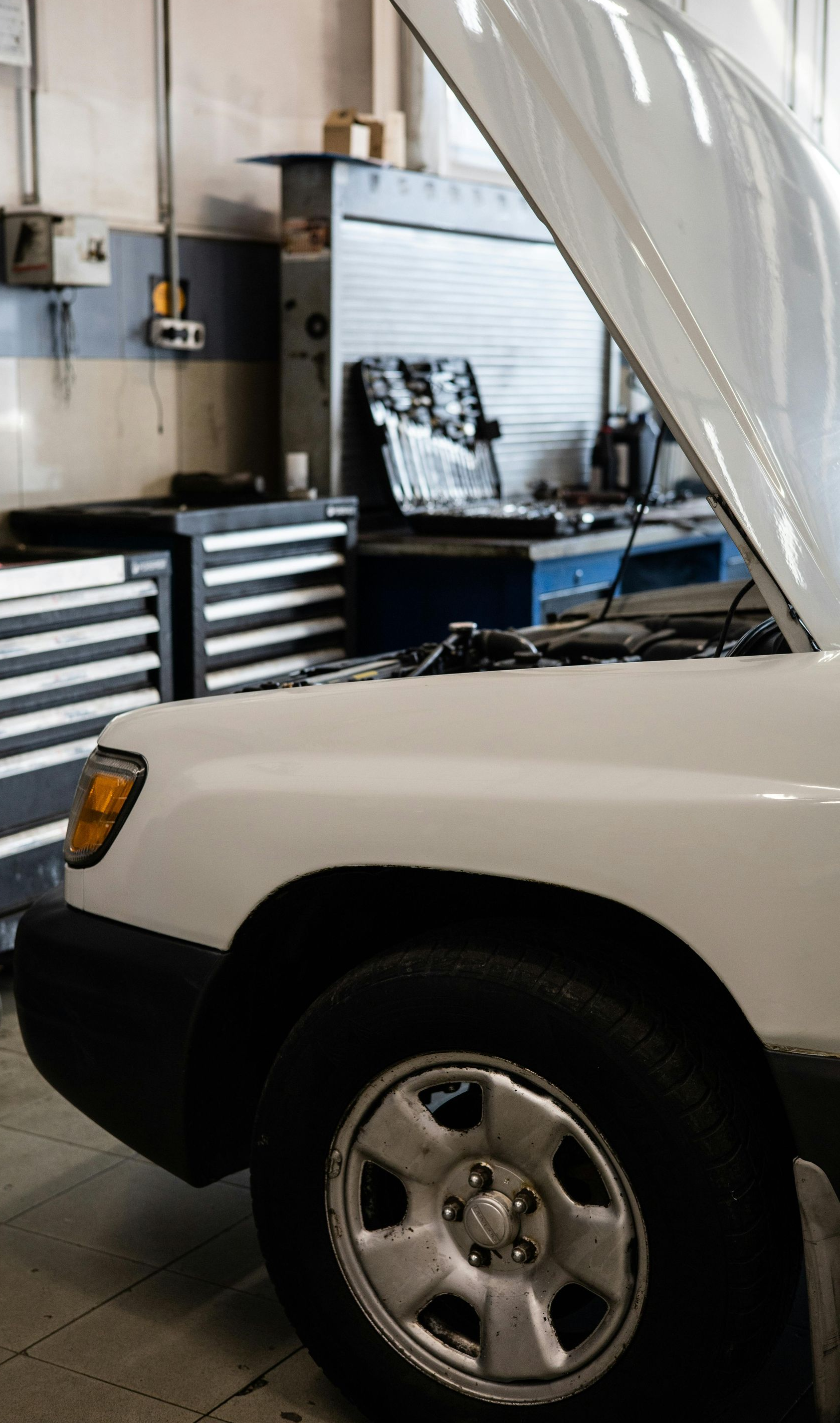 White car with hood up in auto repair shop, next to toolbox and other equipment.