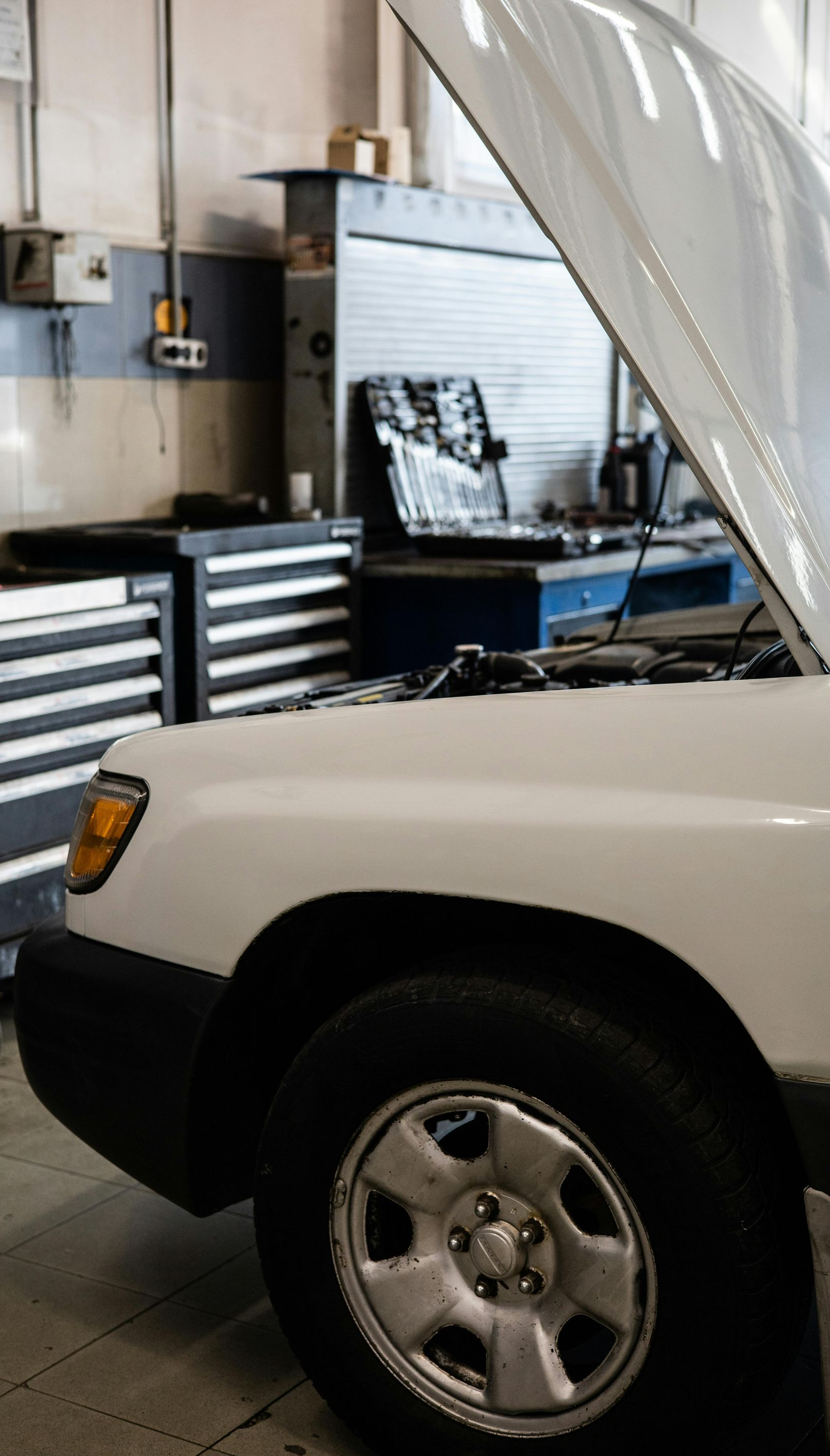 White car with hood up in auto repair shop, next to toolbox and other equipment.