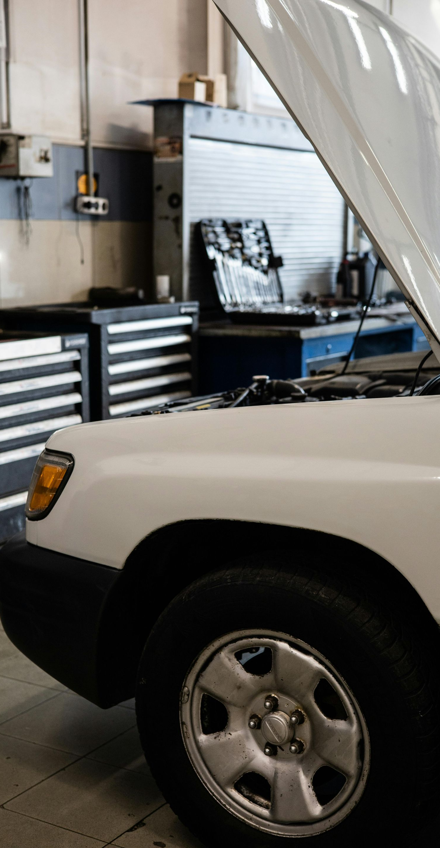 White car with hood up in auto repair shop, next to toolbox and other equipment.