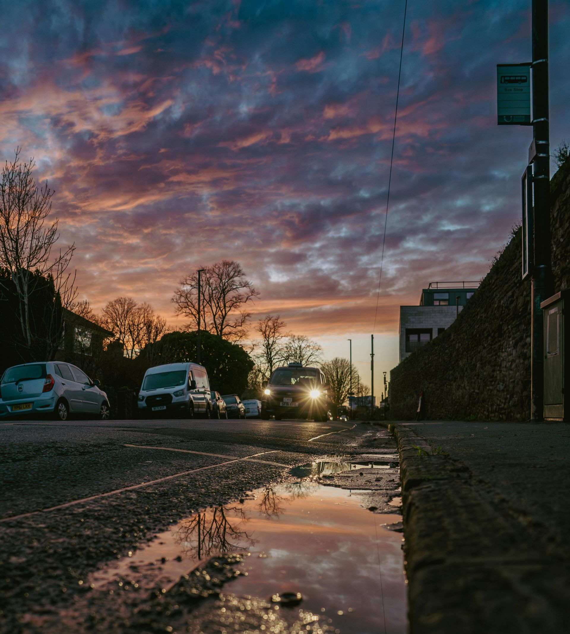 A sunset sky reflecting in a roadside puddle, with cars driving down a street at dusk.