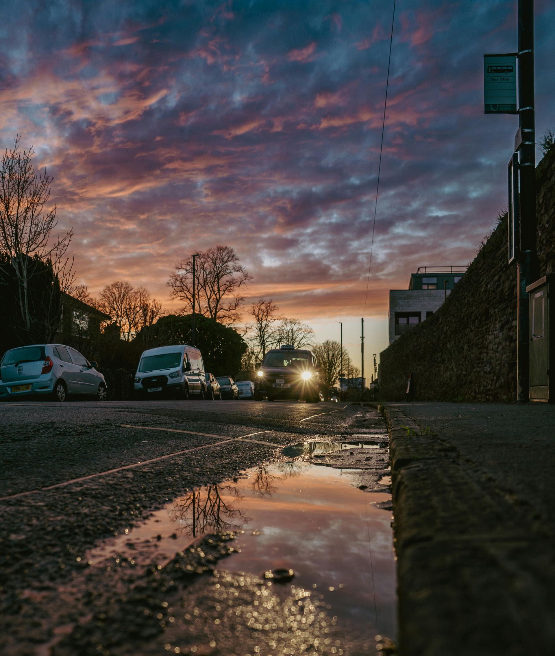 A sunset sky reflecting in a roadside puddle, with cars driving down a street at dusk.