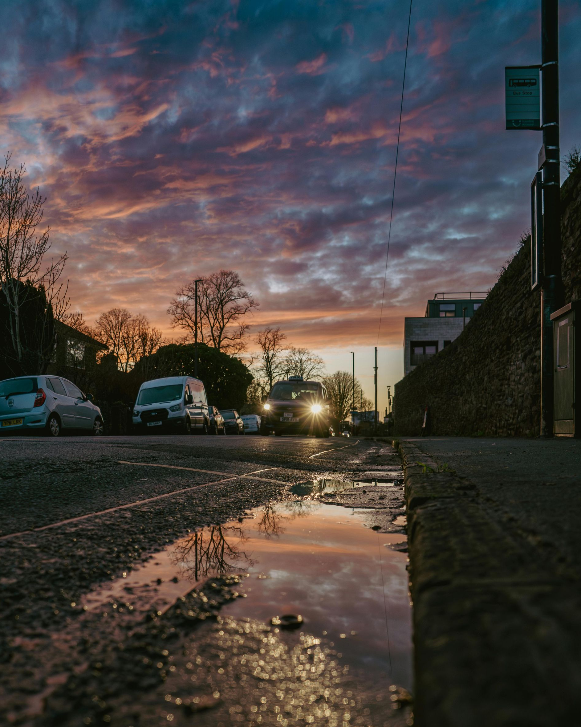 A sunset sky reflecting in a roadside puddle, with cars driving down a street at dusk.