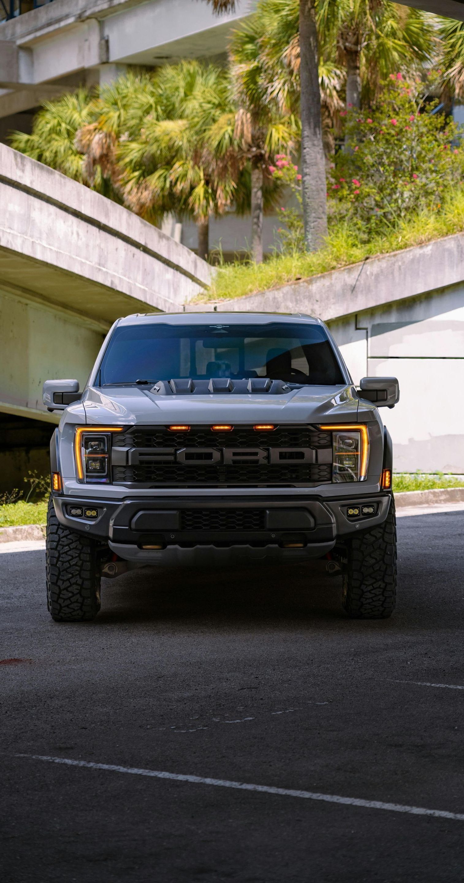 Gray Ford Raptor pickup truck parked under an overpass, facing the camera. The truck has black accents and orange running lights.
